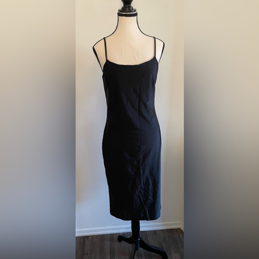 Y2K 90's grunge Forever 21 Black Satin Midi Slip Dress Spaghetti Strap Size L